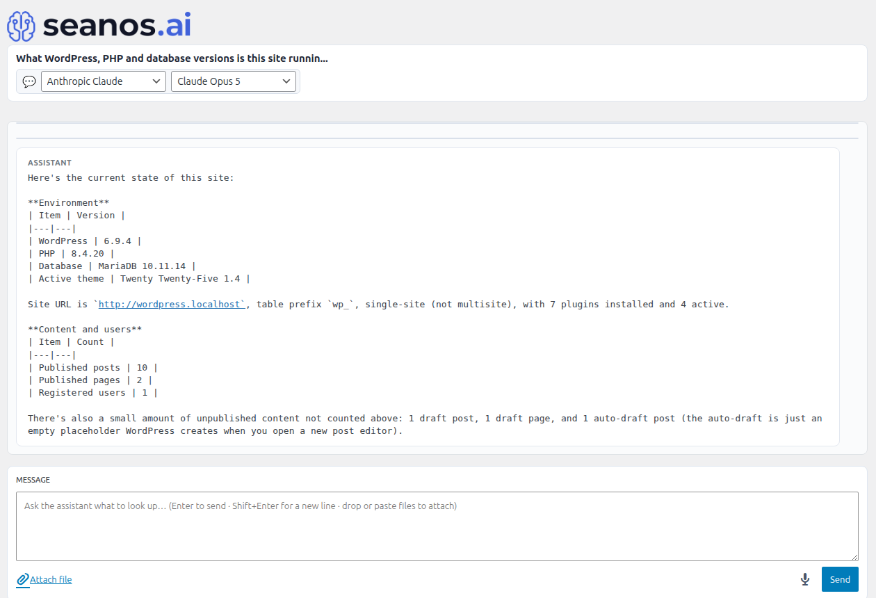 The Seanos AI chat panel inside the WordPress admin, answering a question about the site